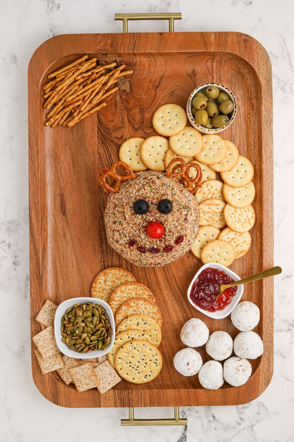 rudolph cheese ball and assembling snack board