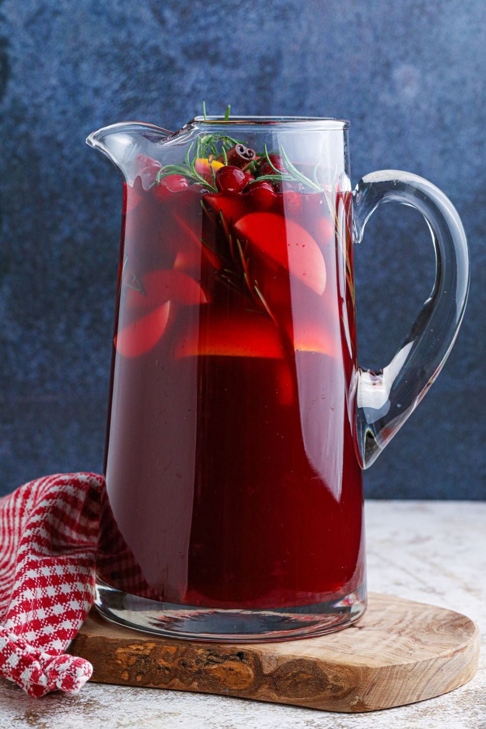 sangria in a glass pitcher on table
