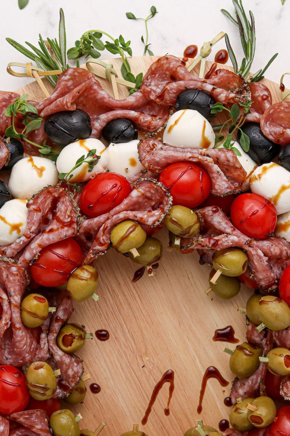 overhead view of antipasto skewers on a platter