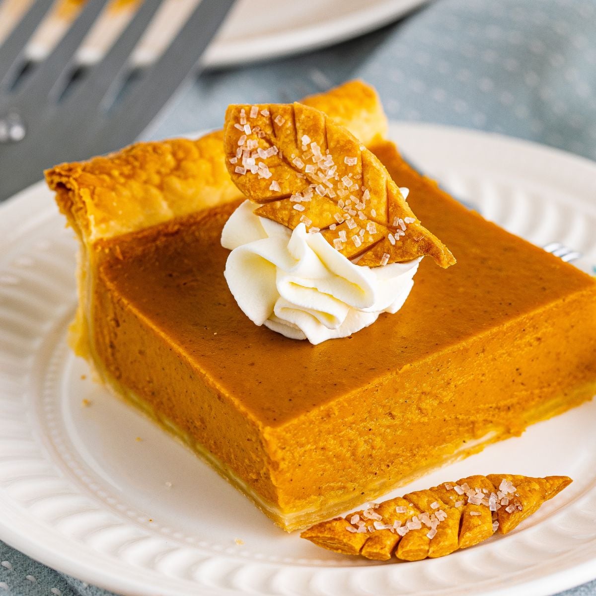 slice of pumpkin pie on plate with whipped cream 