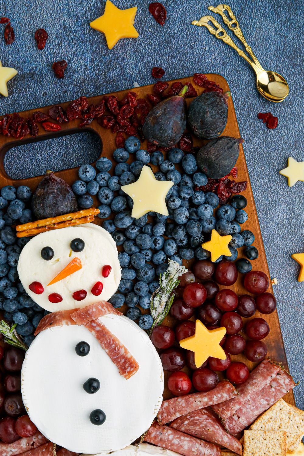 Snowman Charcuterie Board on a tray
