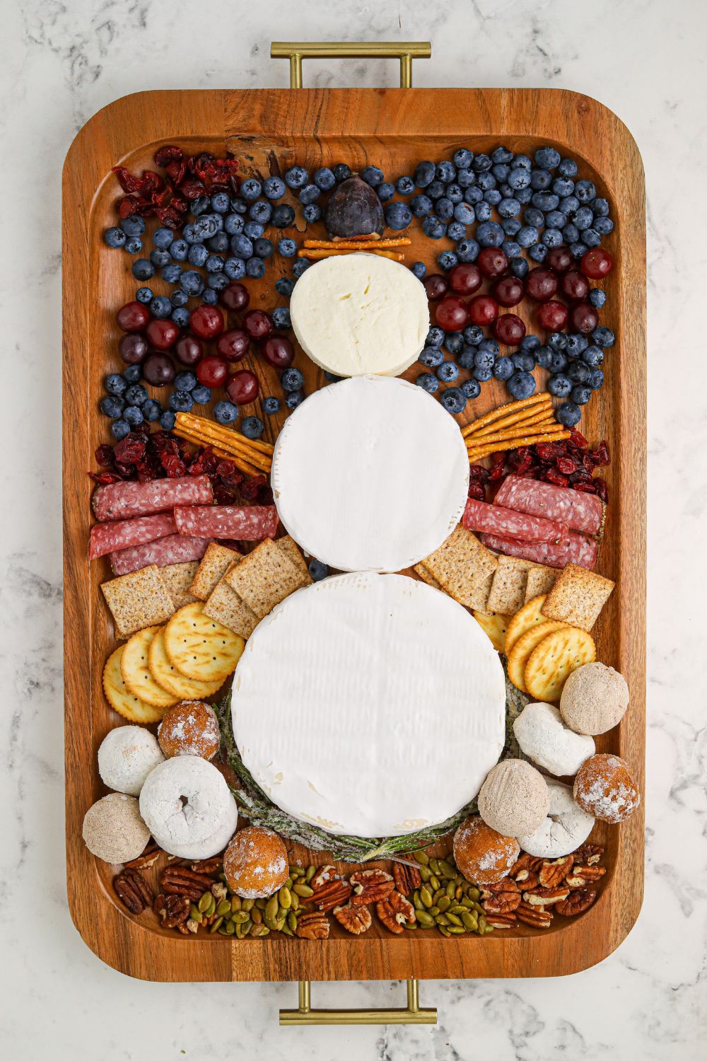 showing how to make Snowman Charcuterie Board