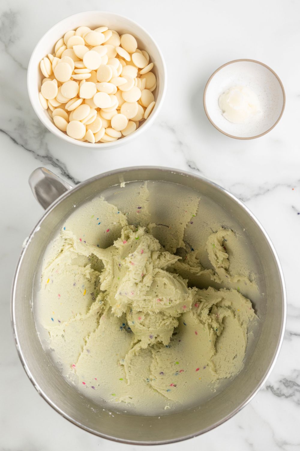 sugar cookie truffle dough in stand mixer bowl 