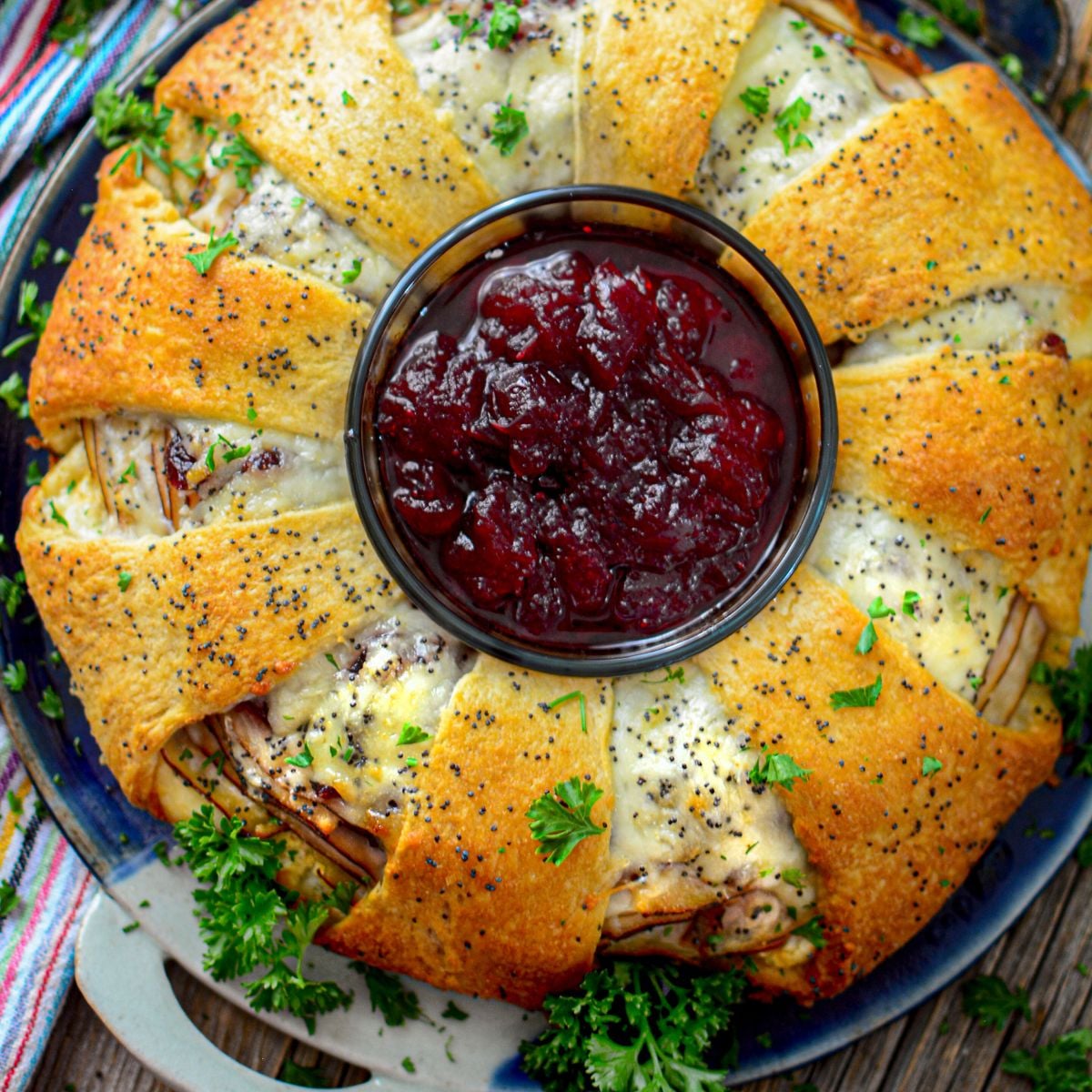 Turkey Crescent Roll Wreath on table