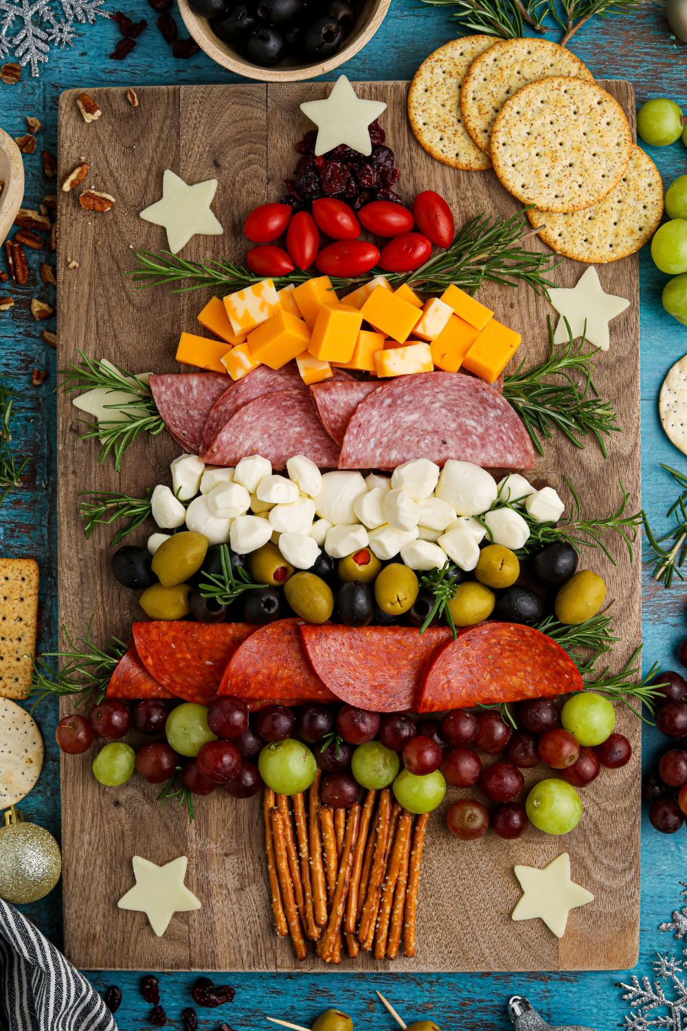 charcuterie board christmas tree shaped overhead view