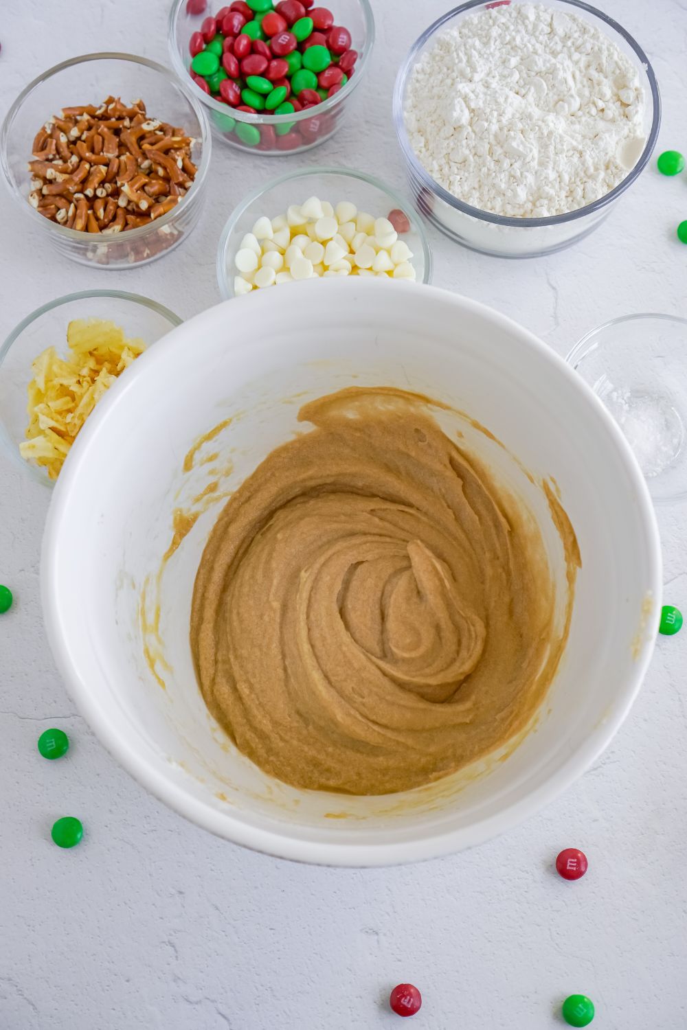 wet ingredients for cookie dough mixed in a white bowl