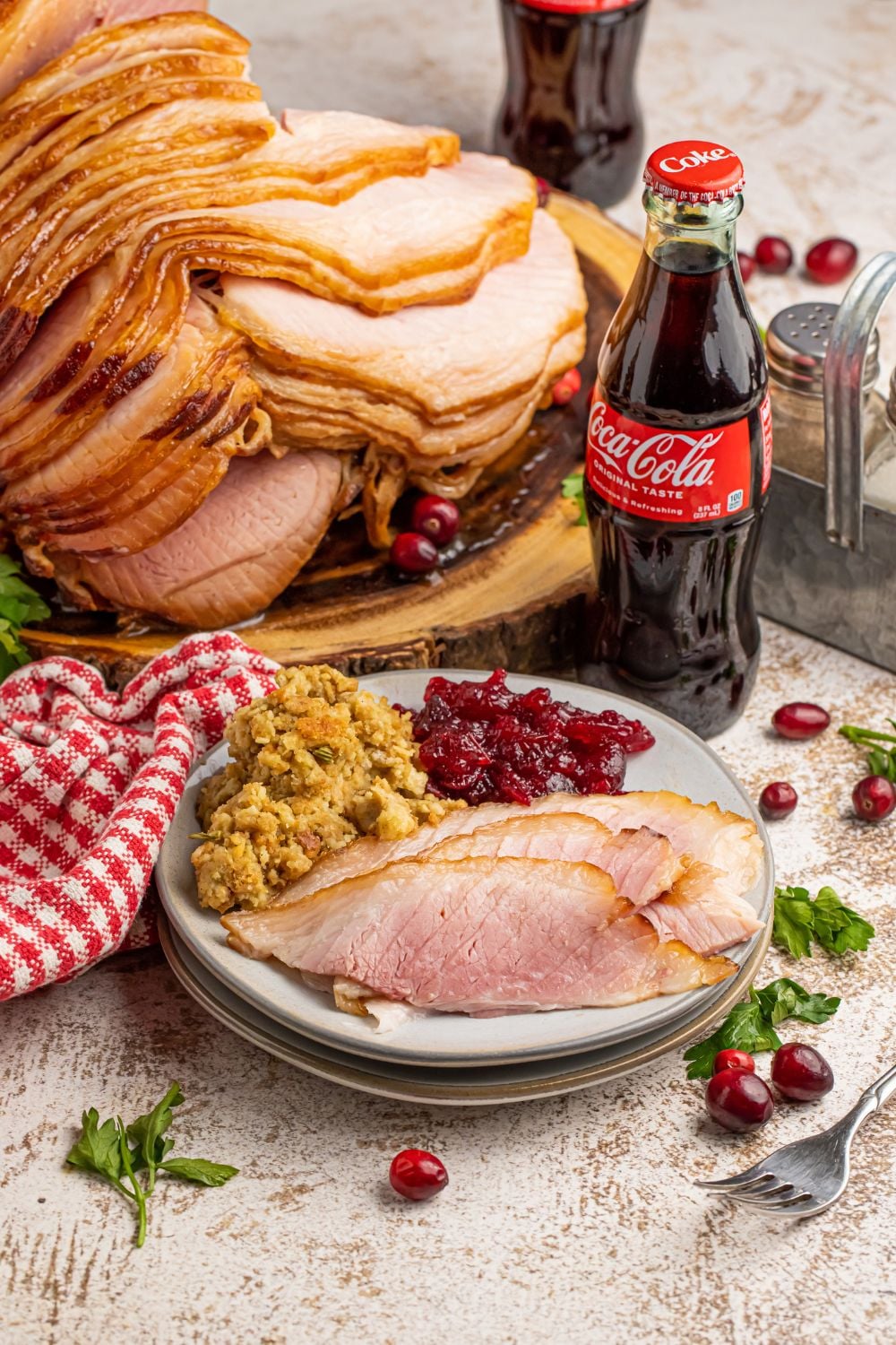 table setup with ham and fixings around it