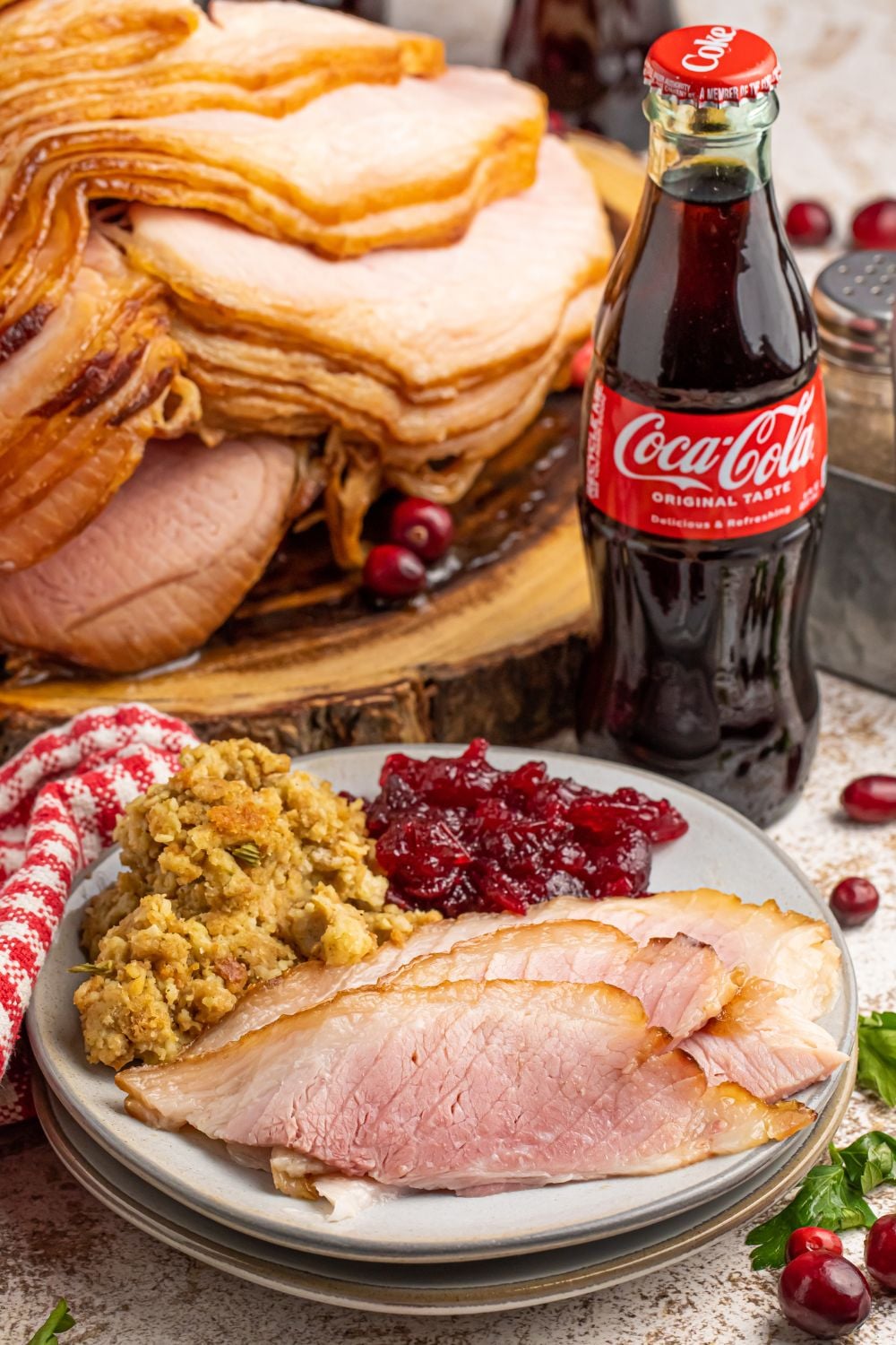 plate with ham and sides on plate