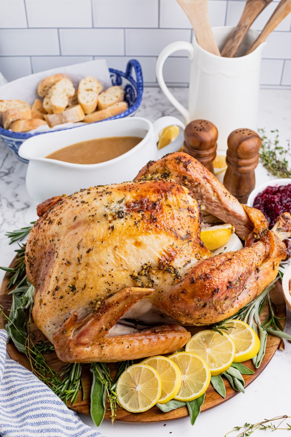 turkey on table with lemon slices on side