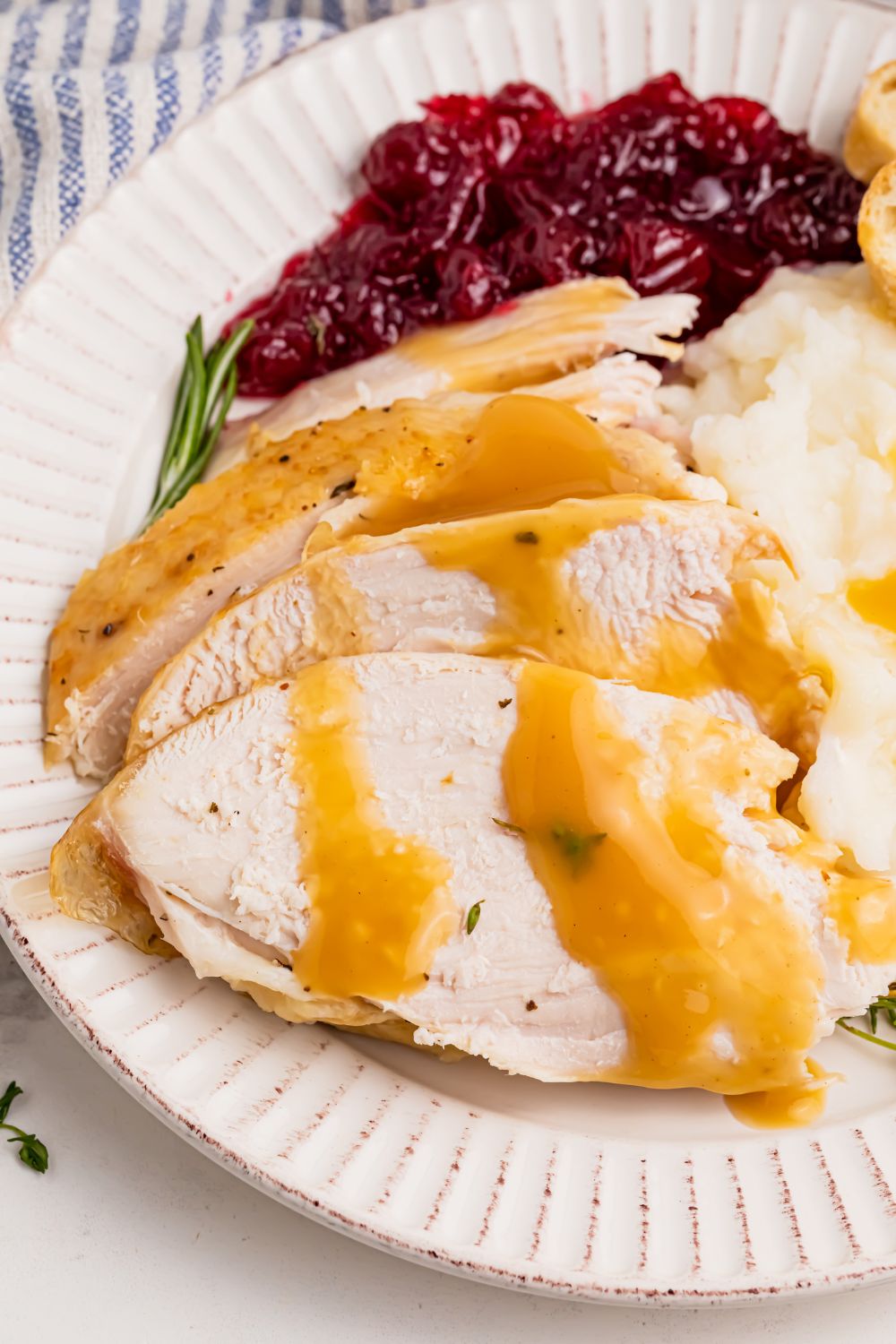 turkey sliced on plate with gravy