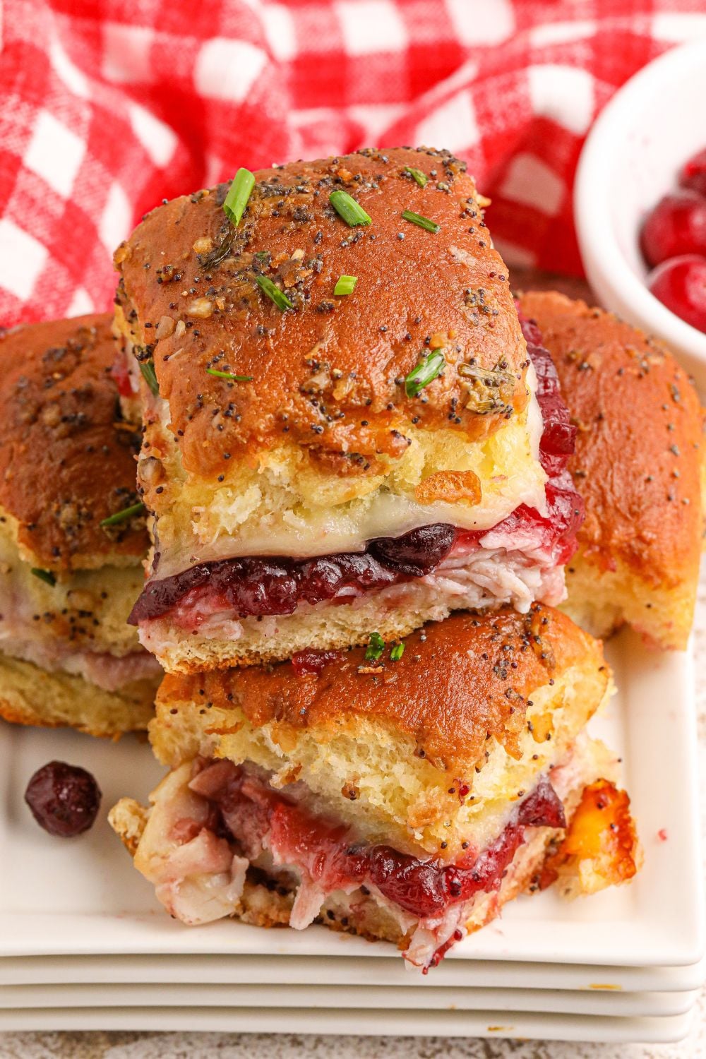 up close shot of Thanksgiving Sliders stacked