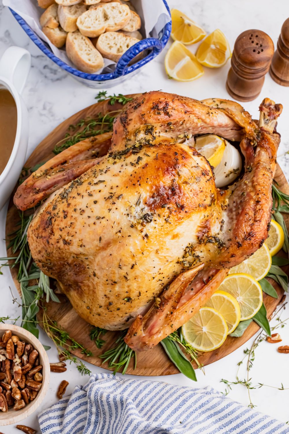 overhead view of turkey on platter