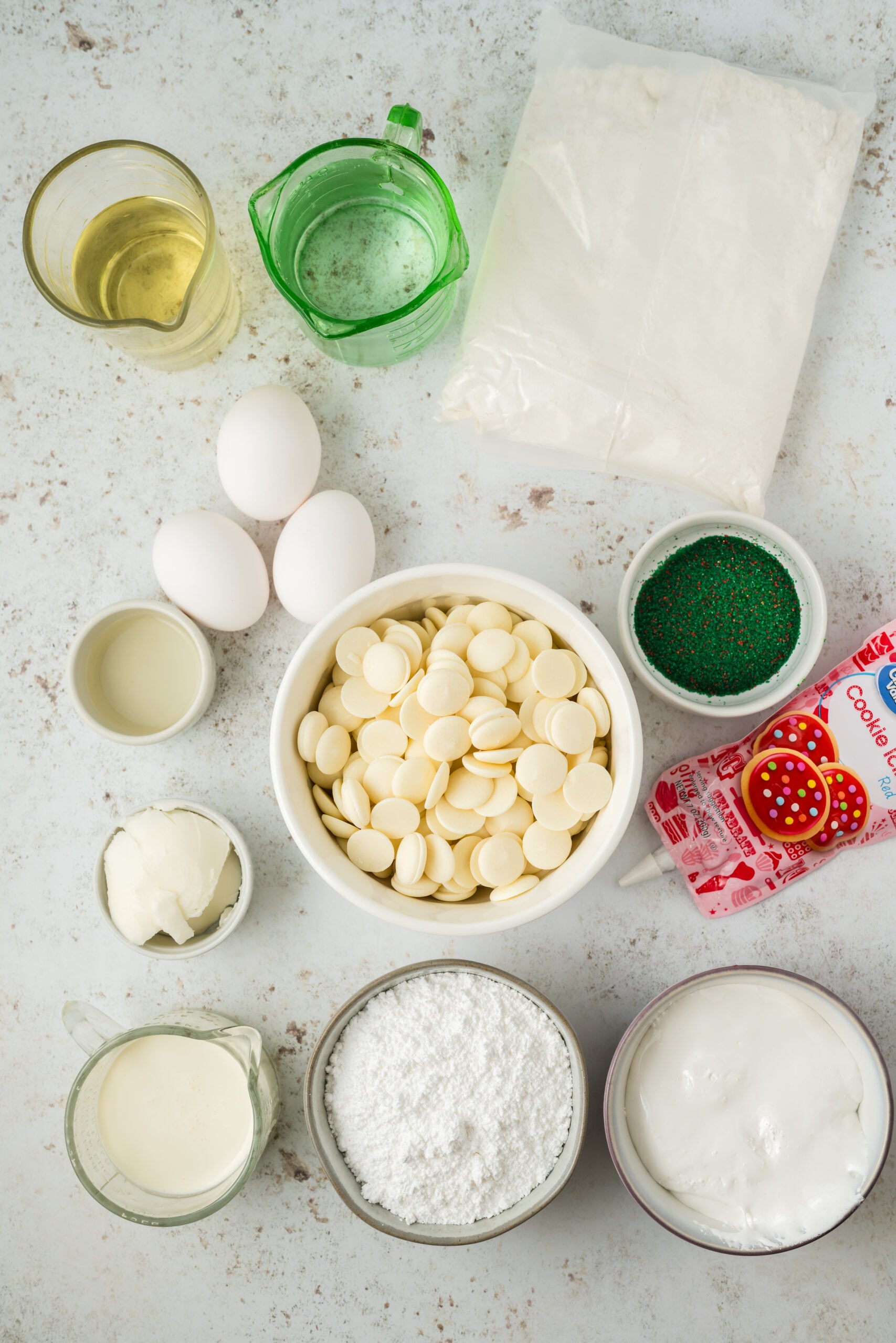 ingredients for christmas tree cakes on table
