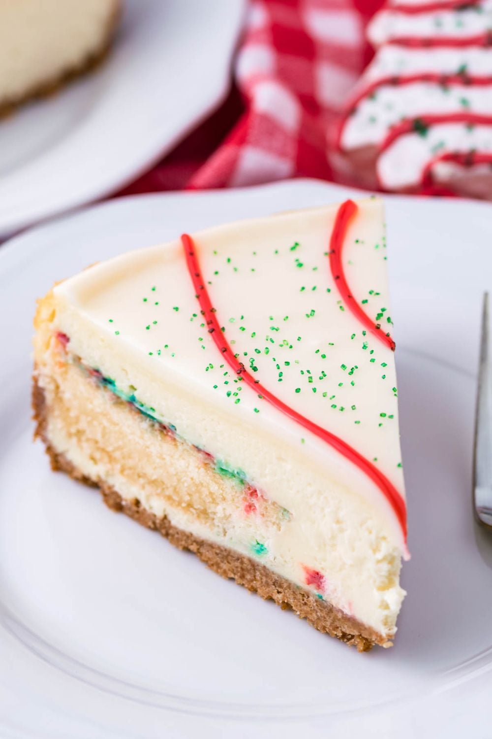 side view of Christmas cheesecake on plate 