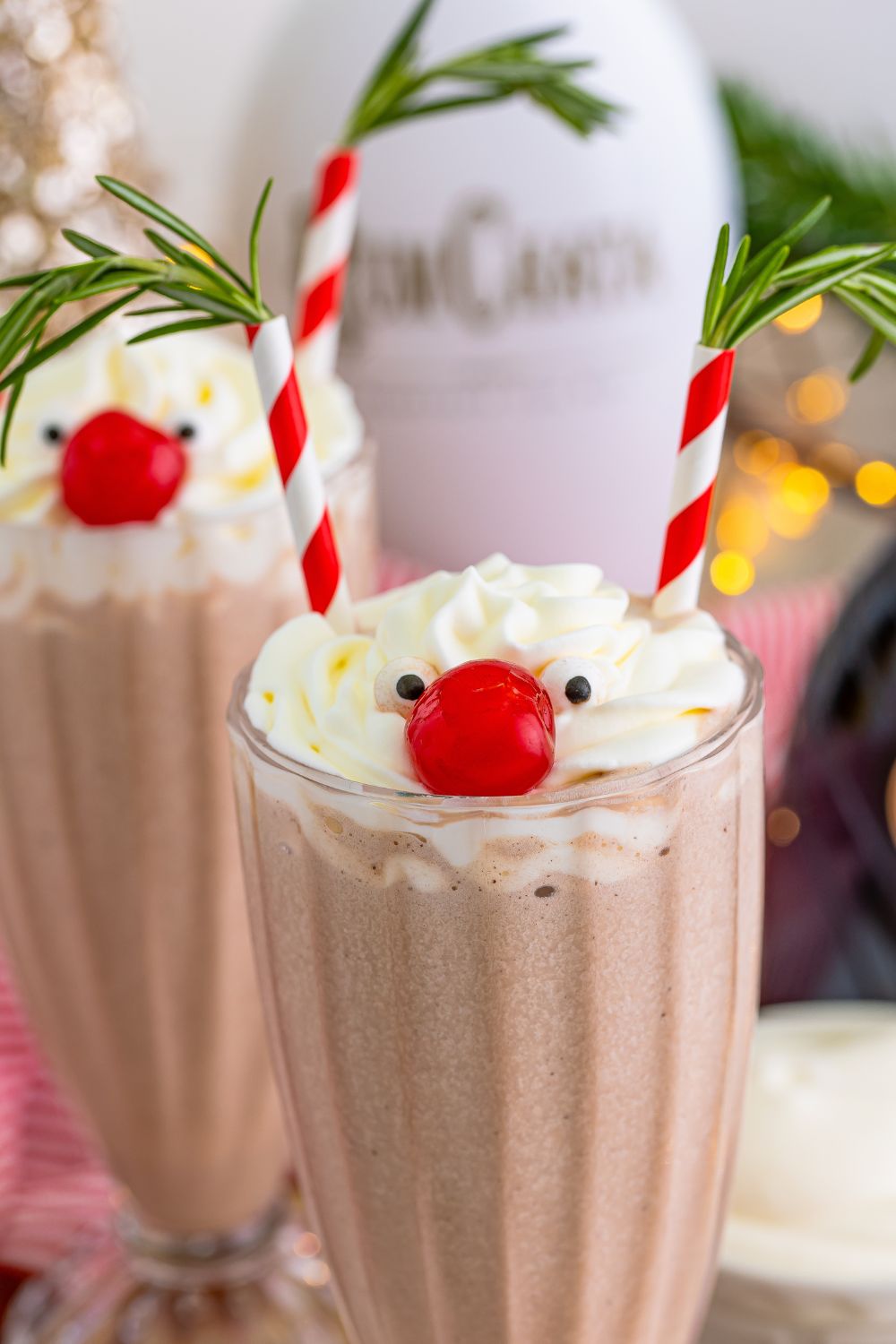 milkshake with alcohol decorated like rudolph