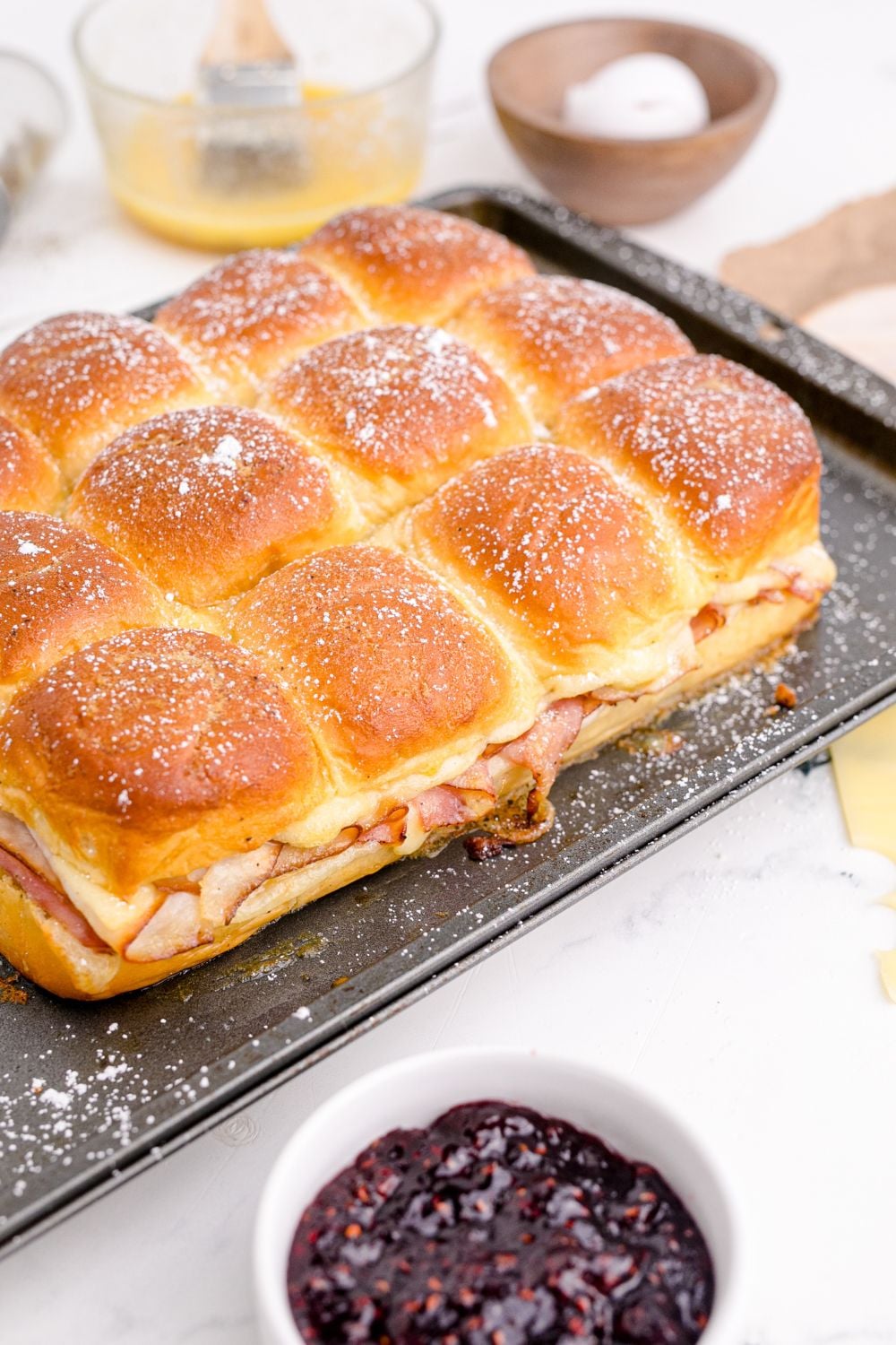 Monte Cristo Sliders on baking sheet