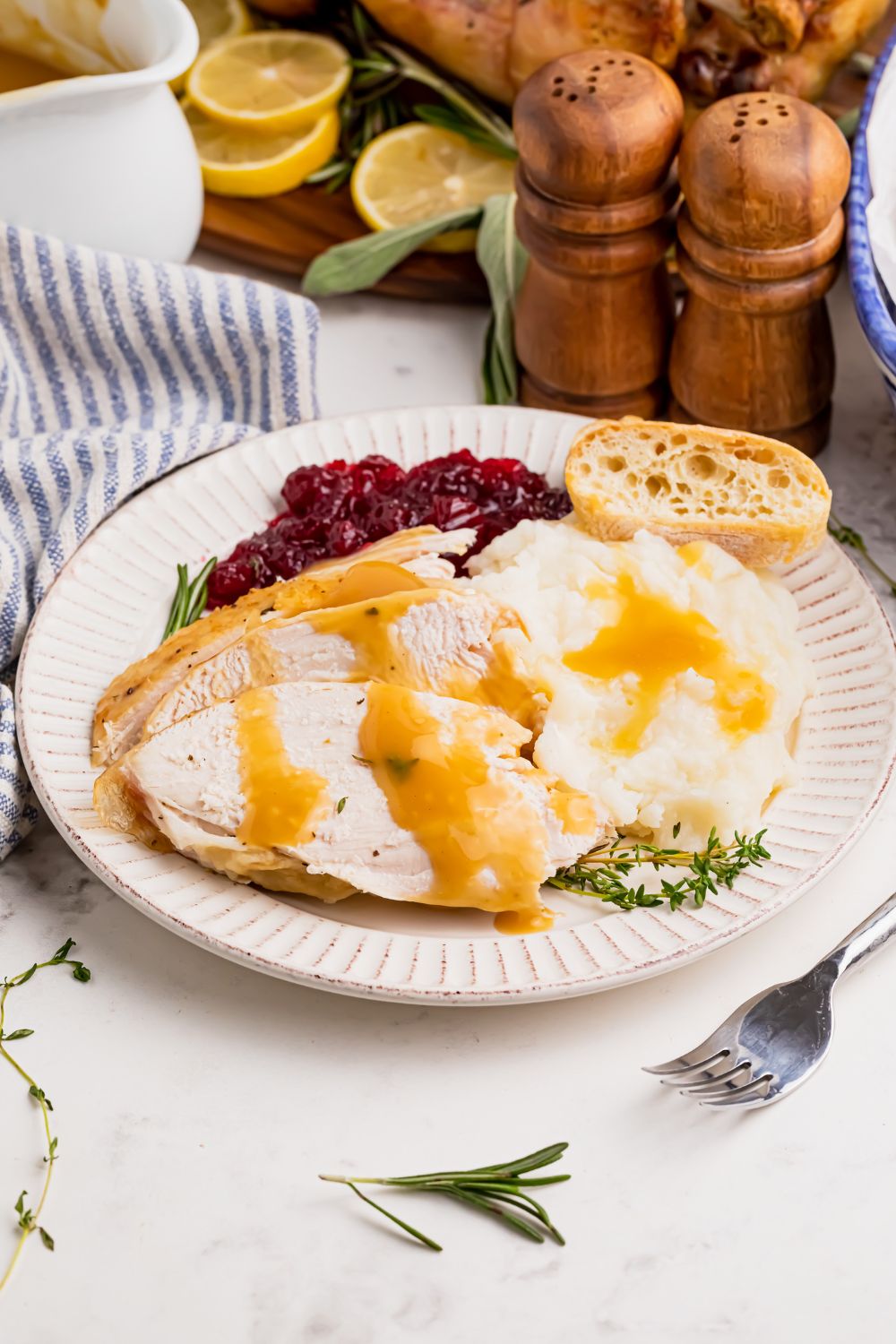 roasted turkey on plate with cranberry and other ingredients