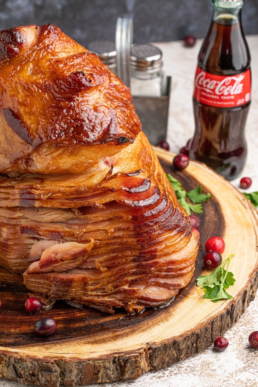 spiral ham on wooden platter