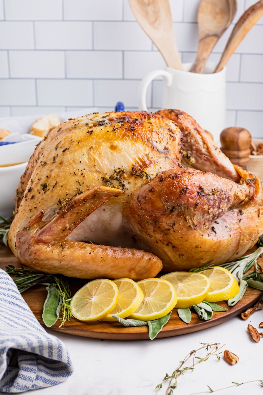 thanksgiving turkey on platter on table