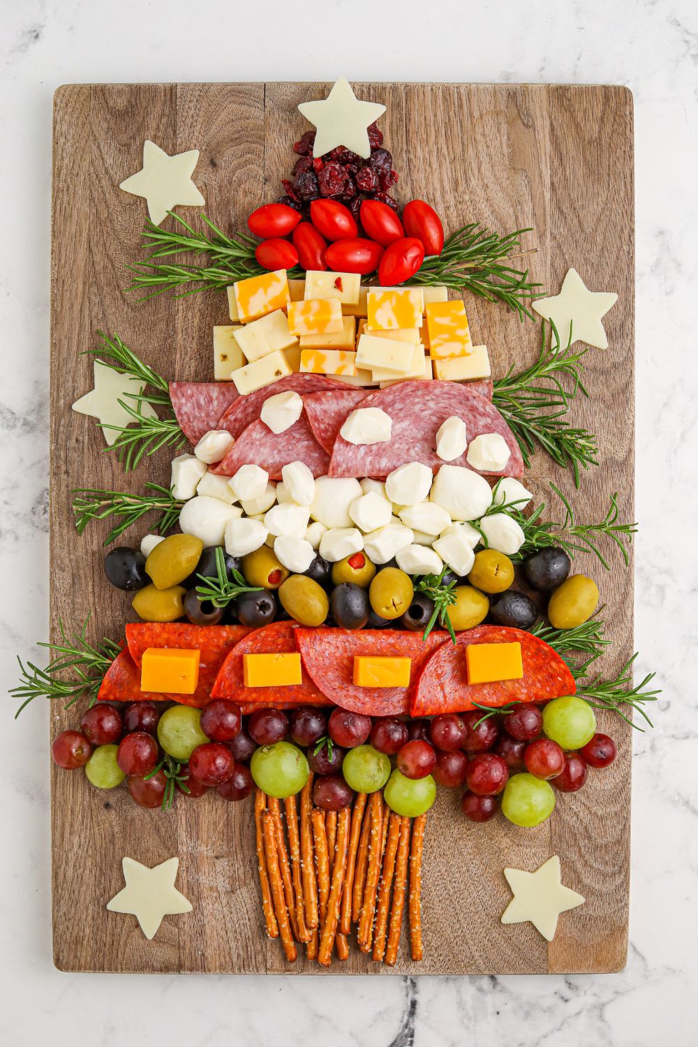 overhead look of a tree shaped charcuterie on table