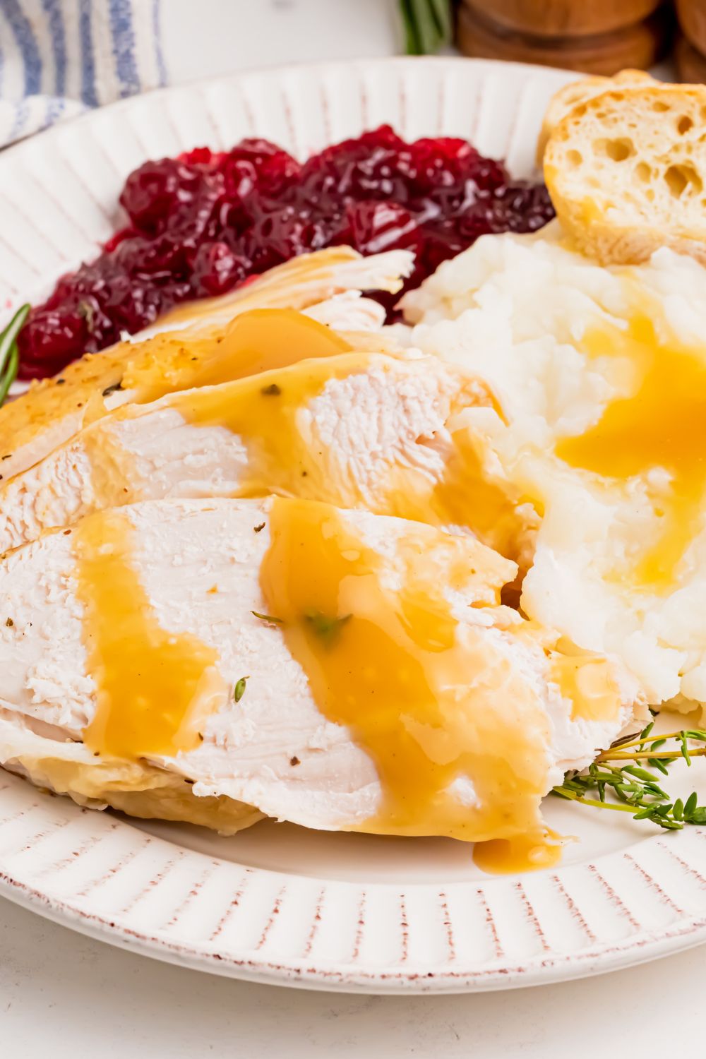 close up plate of turkey and sides on the table