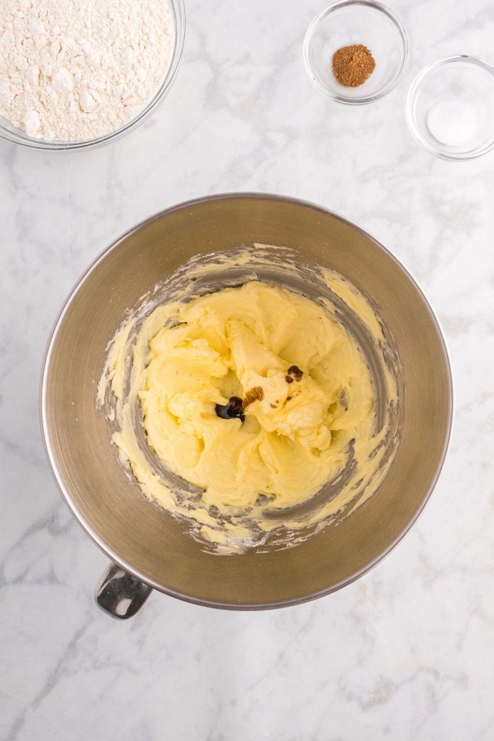 creamed butter and sugar in a mixing bowl