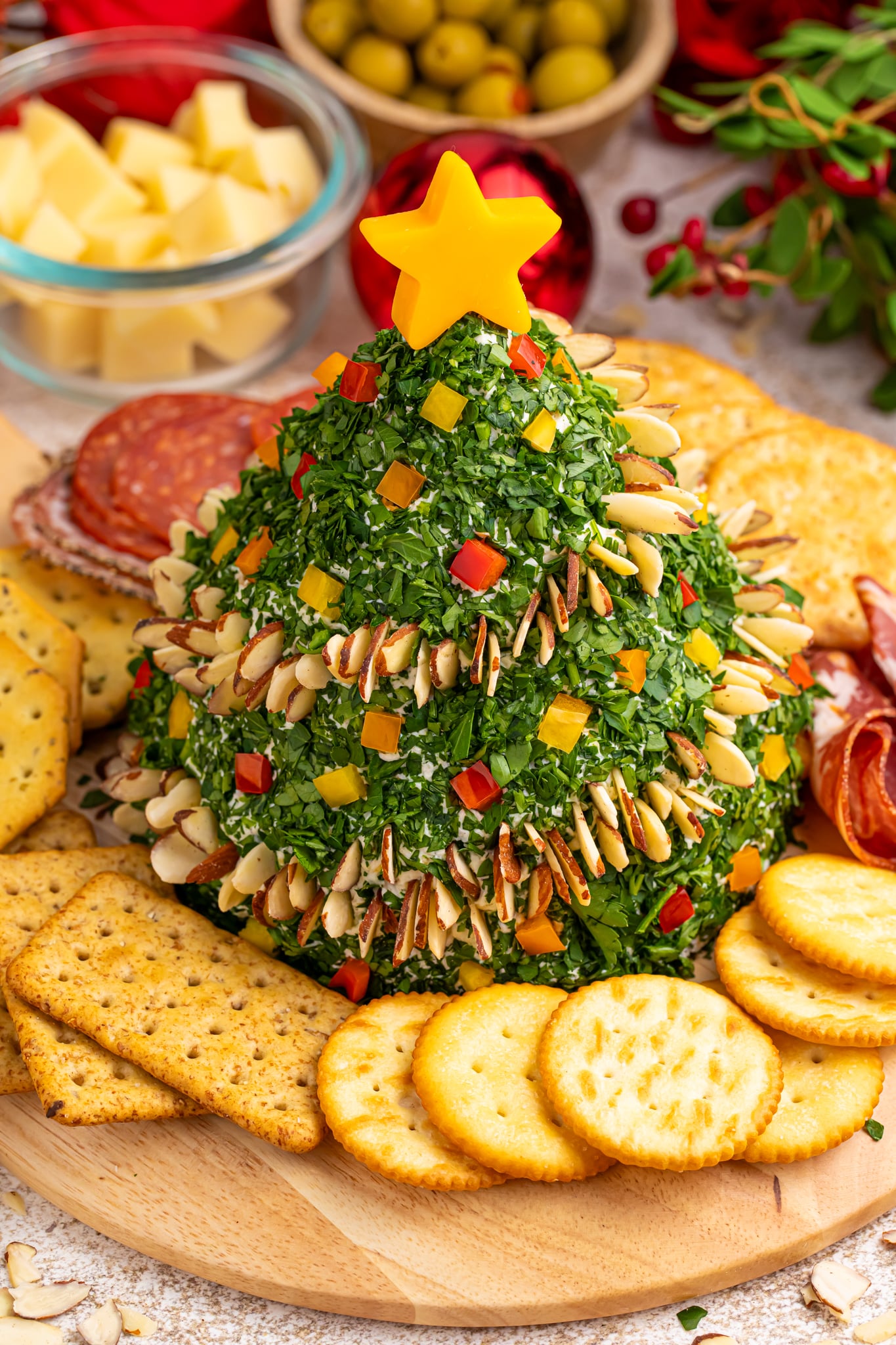 Christmas Tree Cheeseball on a platter
