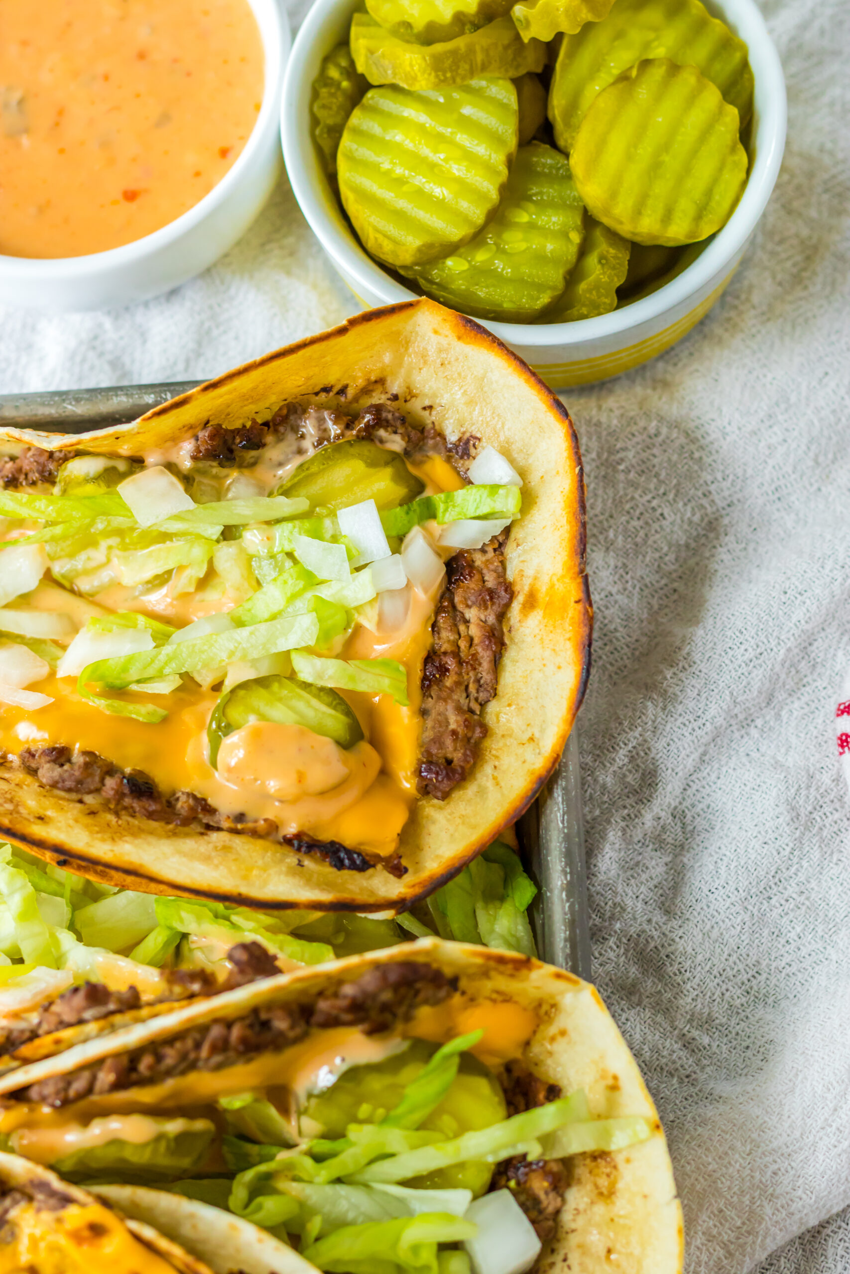 Big Mac smash tacos up close showing the texture