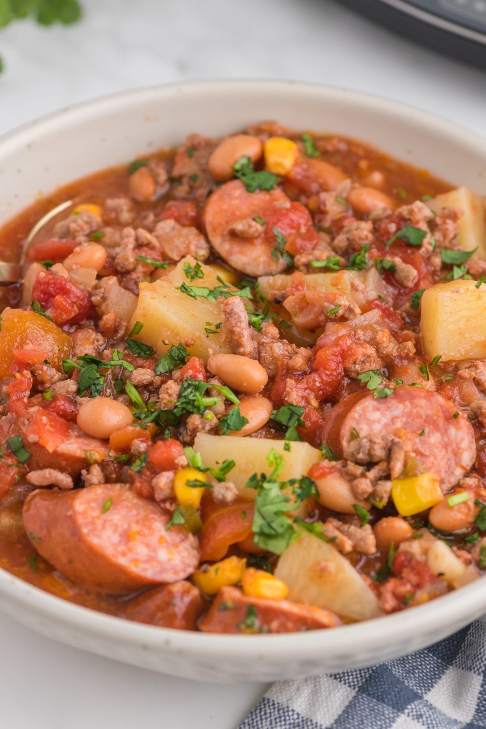 Slow Cooker Texas Cowboy Stew in a white bowl