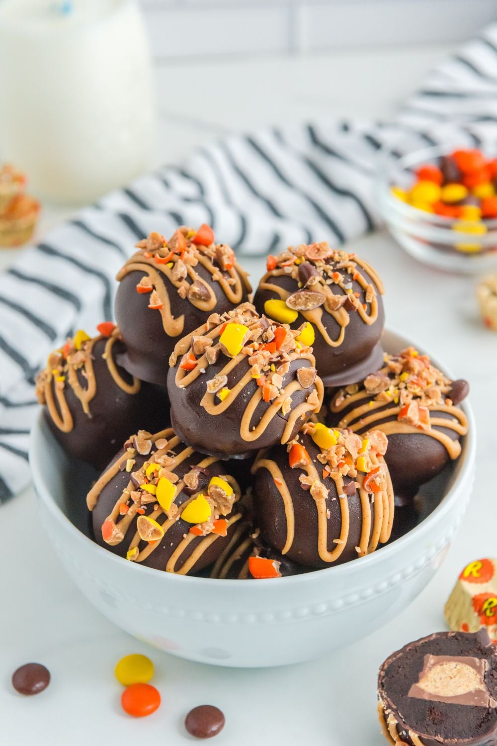 peanut butter oreo truffles in a white bowl