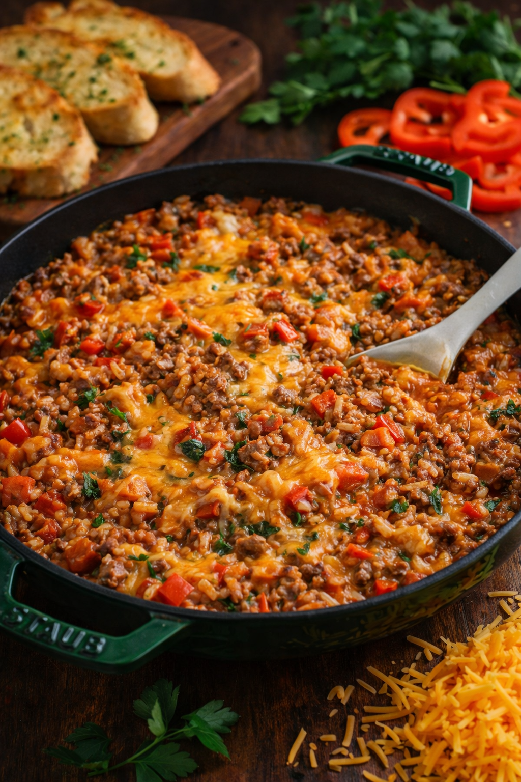 stuffed pepper casserole on a wood table in a skillet