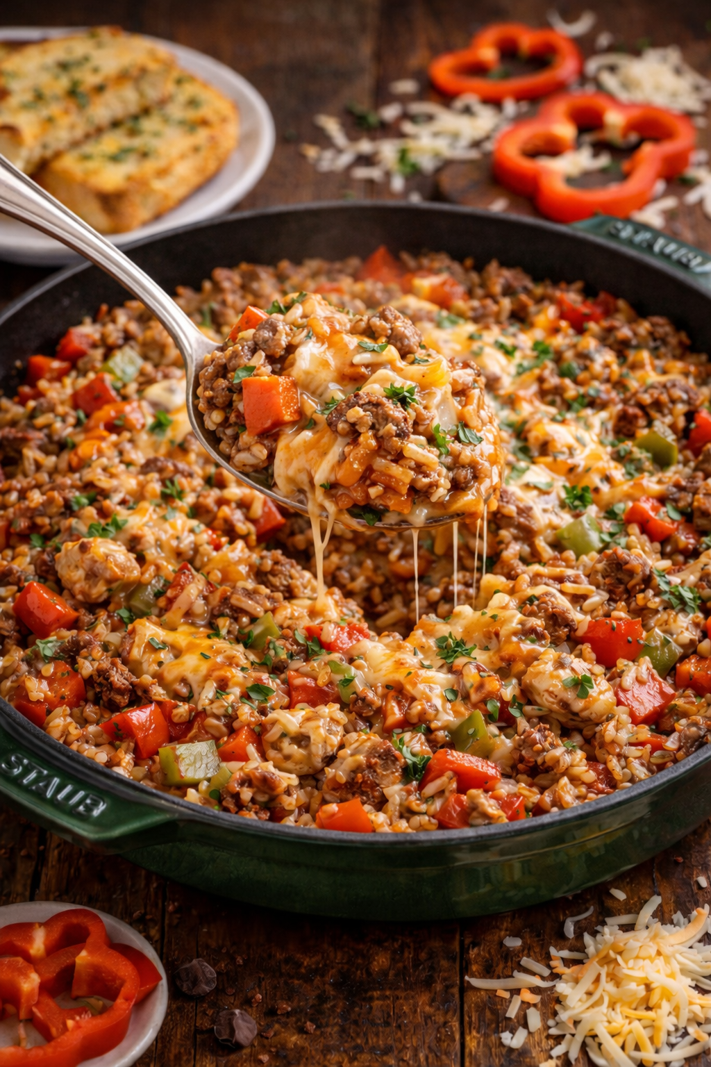 stuffed pepper casserole on a wood table in a skillet with a spoon holding some up