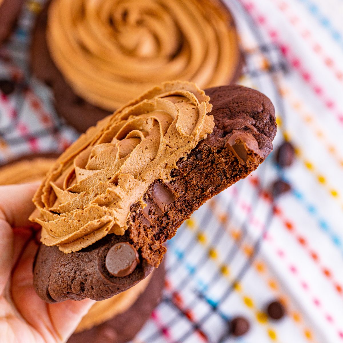 Chocolate Cake Cookie with a bite taken out of it being held in a hand