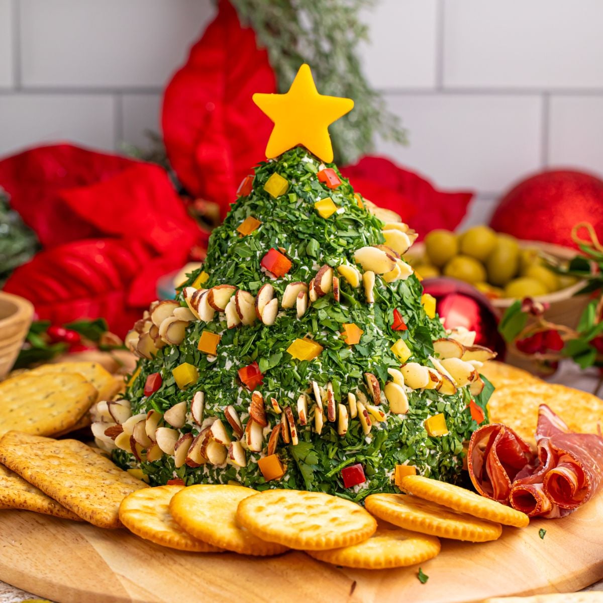 Christmas Tree Cheeseball on a platter