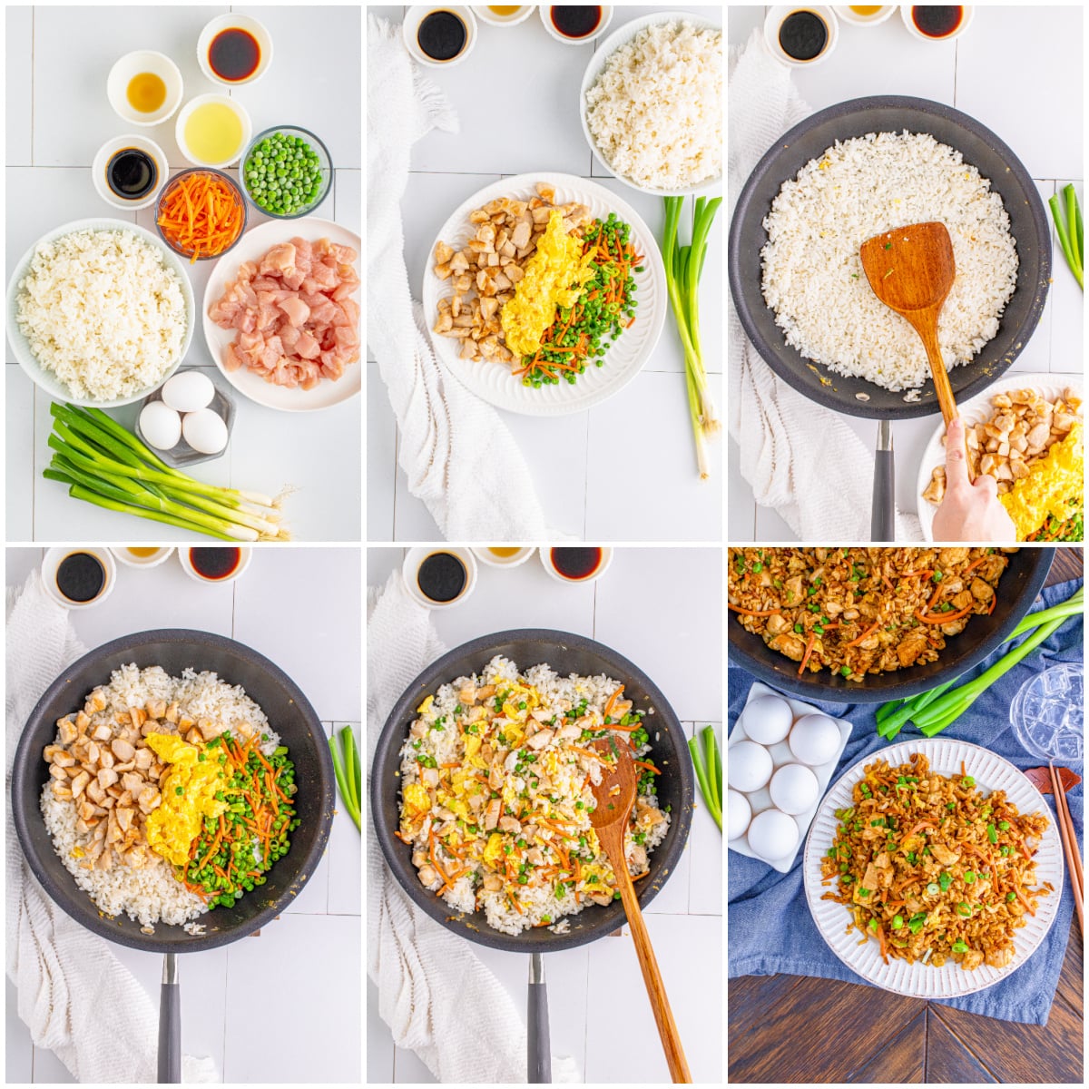 plate with chicken fried rice and skillet with chicken fried rice