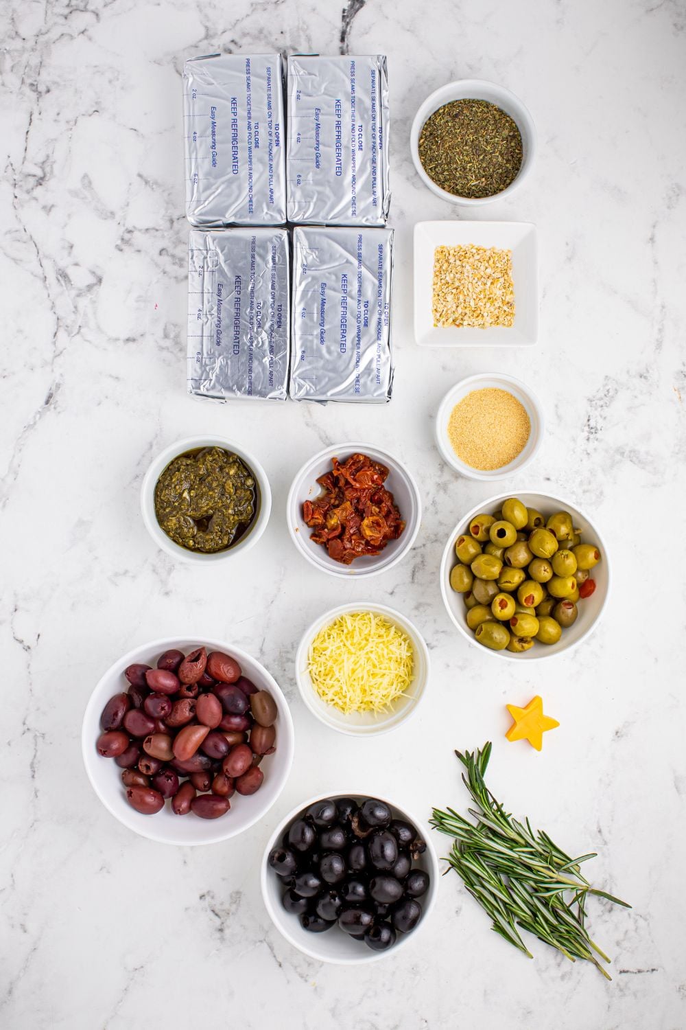 antipasto cheeseball ingredients on table