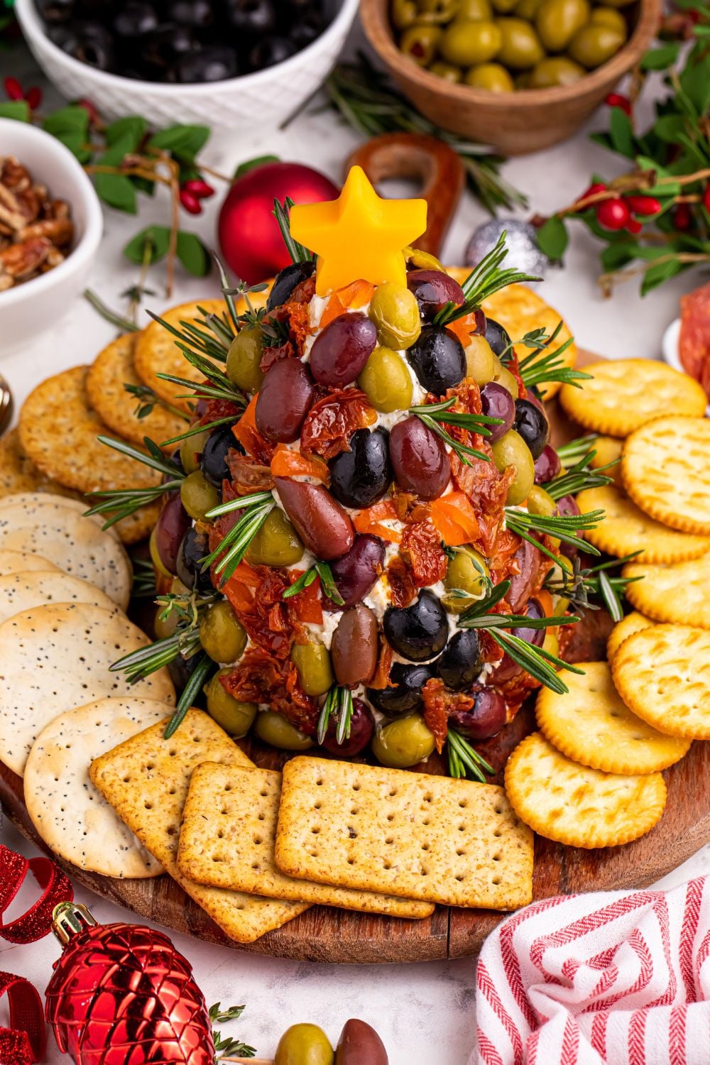 overhead look of Christmas tree shaped cheeseball on platter