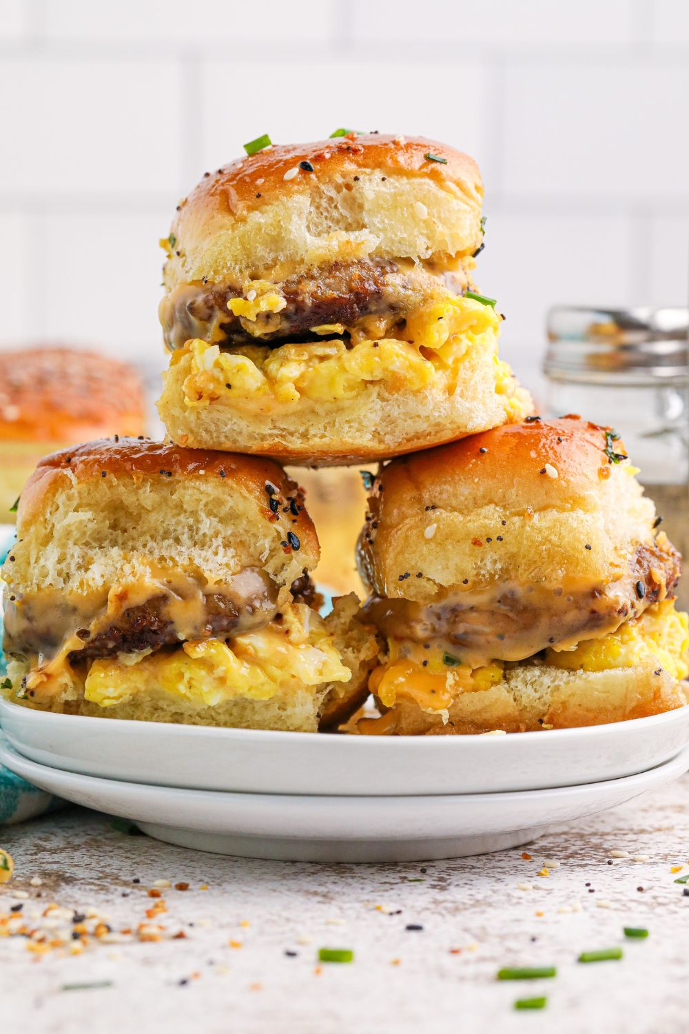 Breakfast Sliders stacked like a pyramid on table 