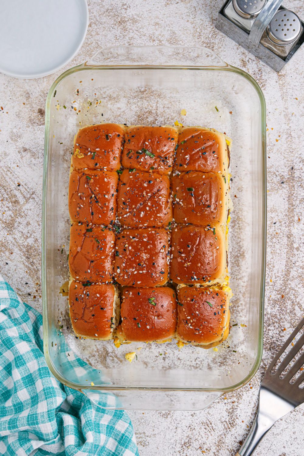 baked Breakfast Sliders in a pan on the table 