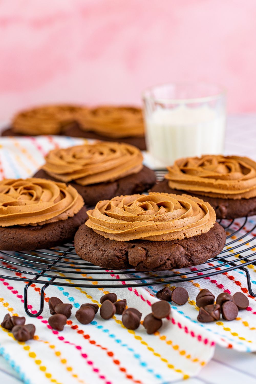 Chocolate Cake Cookies on a tray with a glass of milk sitting in the background 