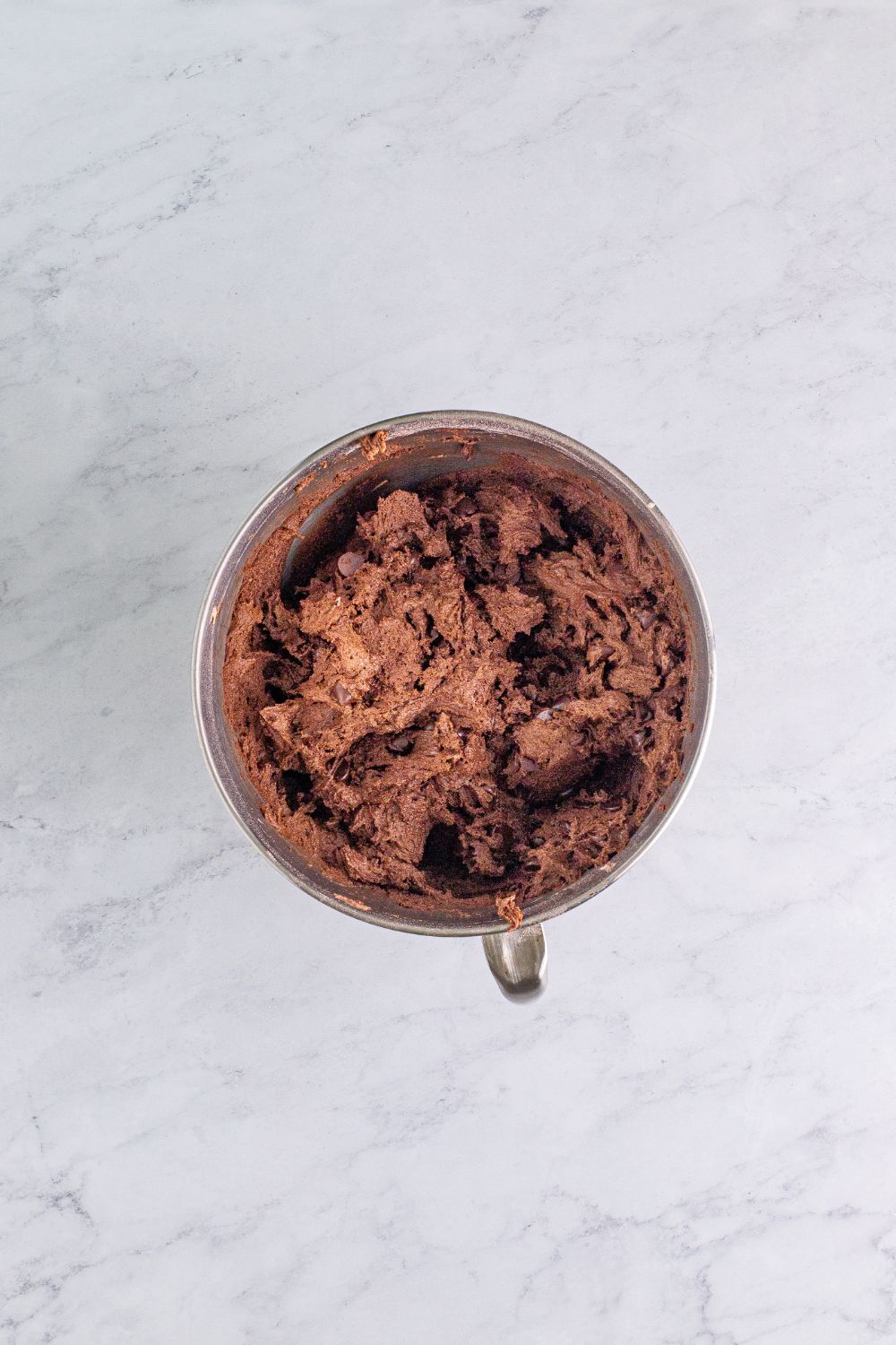 Chocolate Cake Cookie batter in a stand mixer 