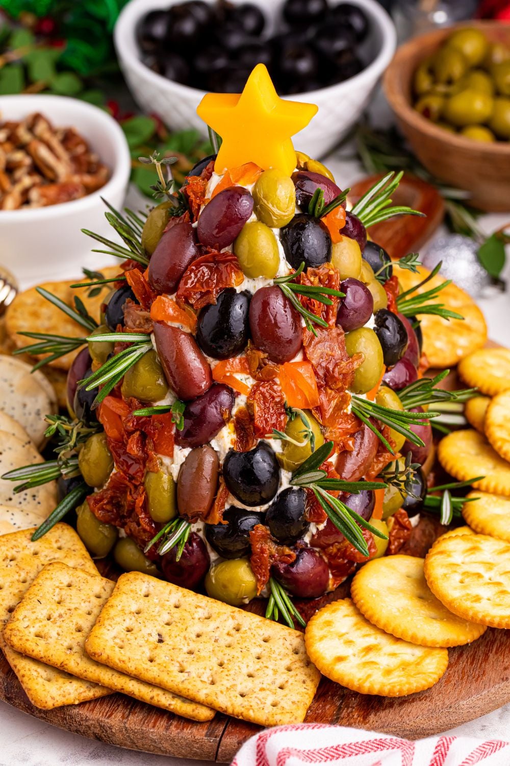 overhead shot of cheeseball on table
