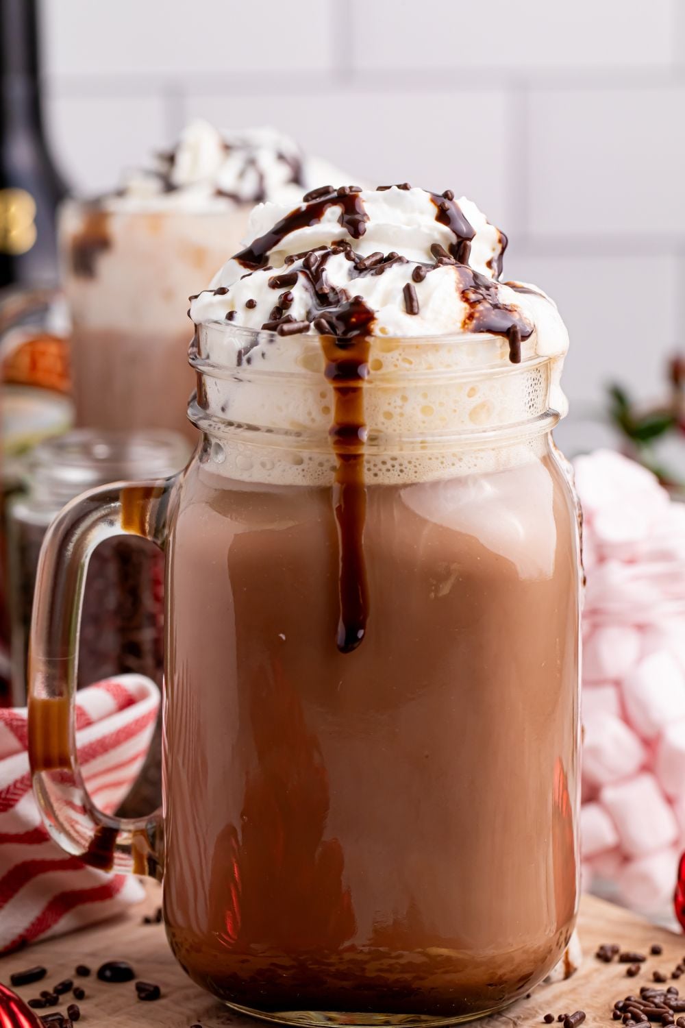 side view of a chocolate alcoholic drink in a mug on table