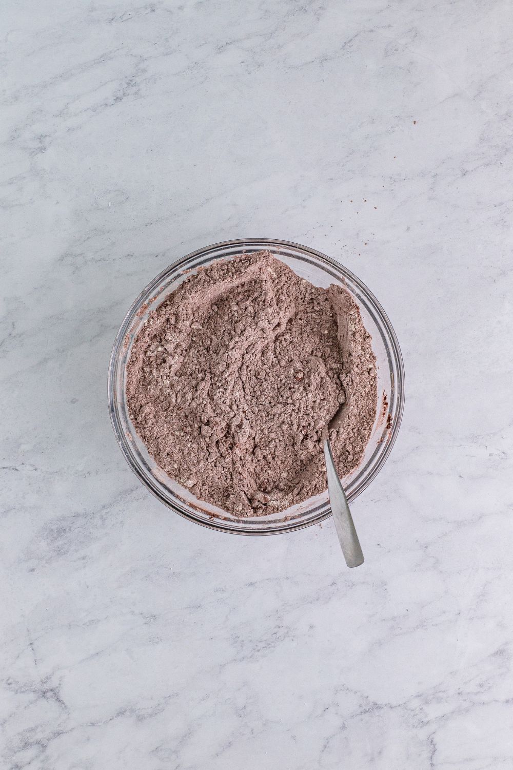 dry ingredients for the Chocolate Cake Cookies in a glass bowl mixed