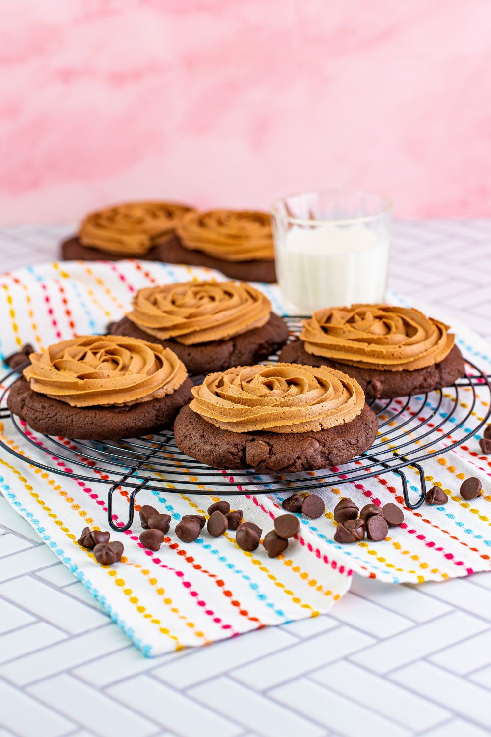 Chocolate Cake Cookies showcased on a platter and chocolate chip cookies around it 