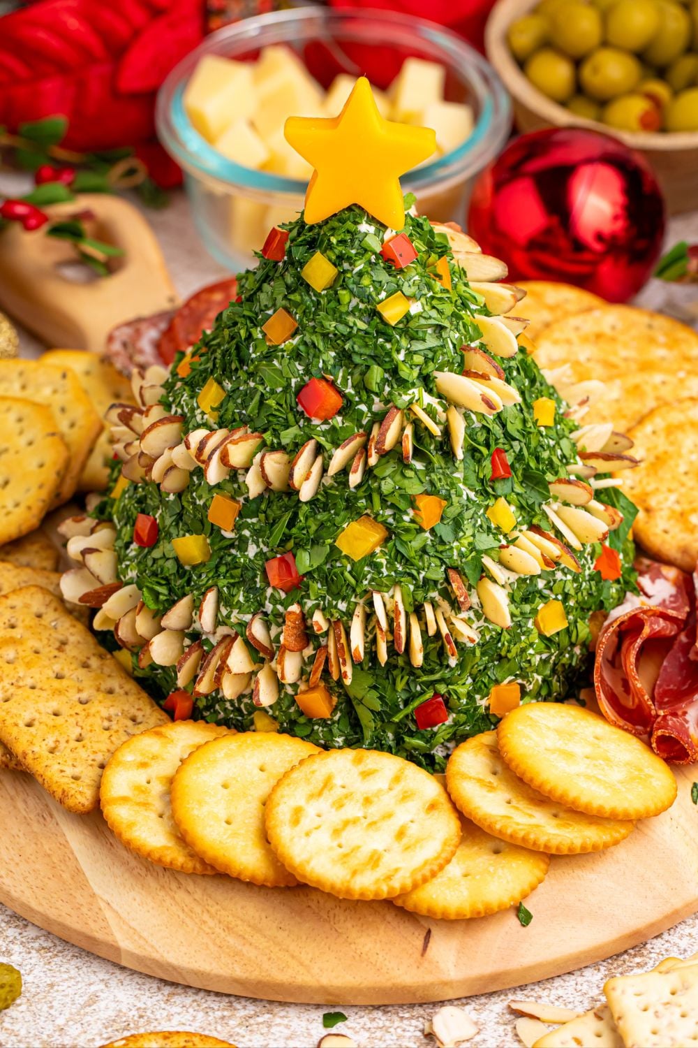 Christmas Tree Cheeseball showcased on a table