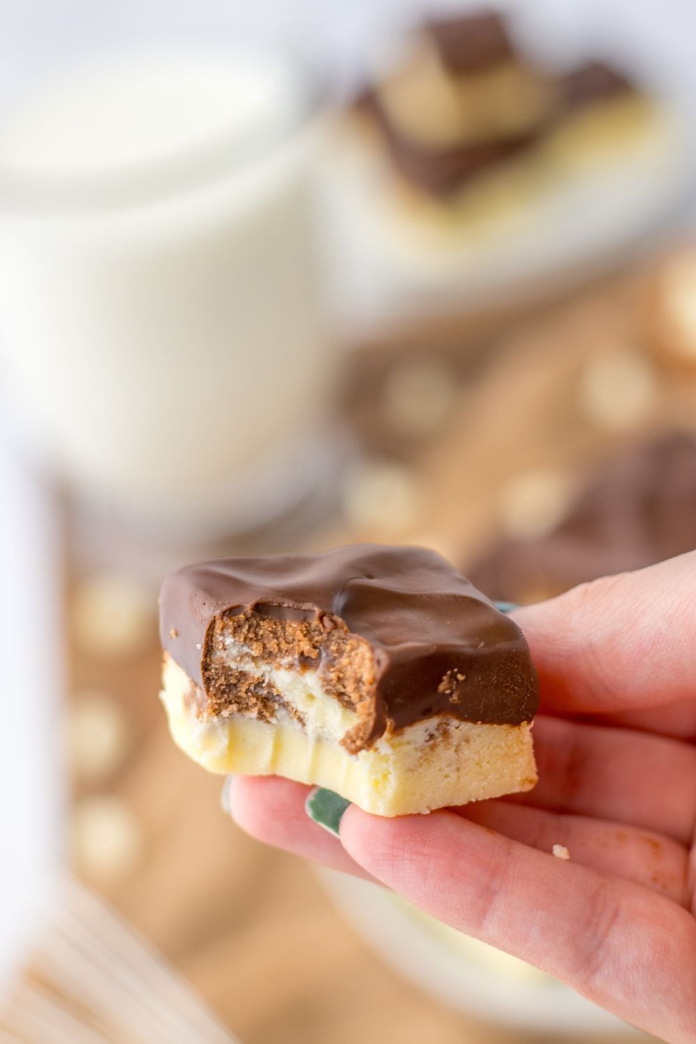 bite of fudge in hand