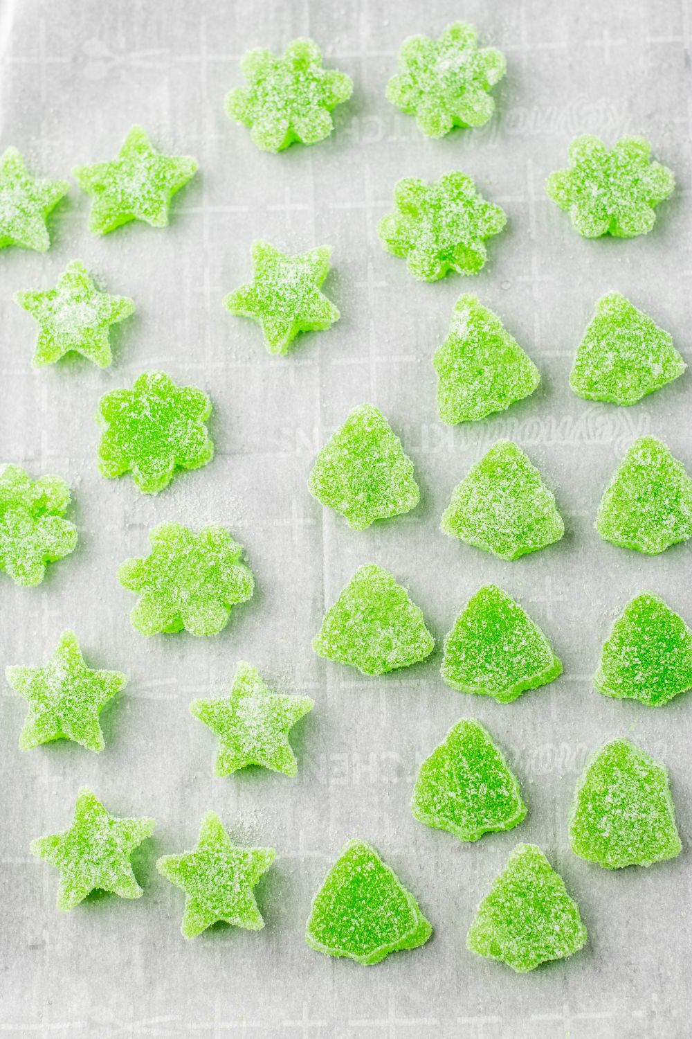 gummies rolled in sugar on parchment paper 