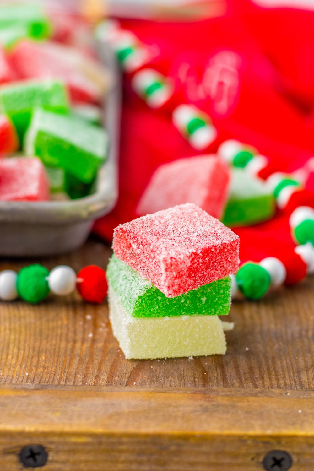 gumdrops stacked on wooden table