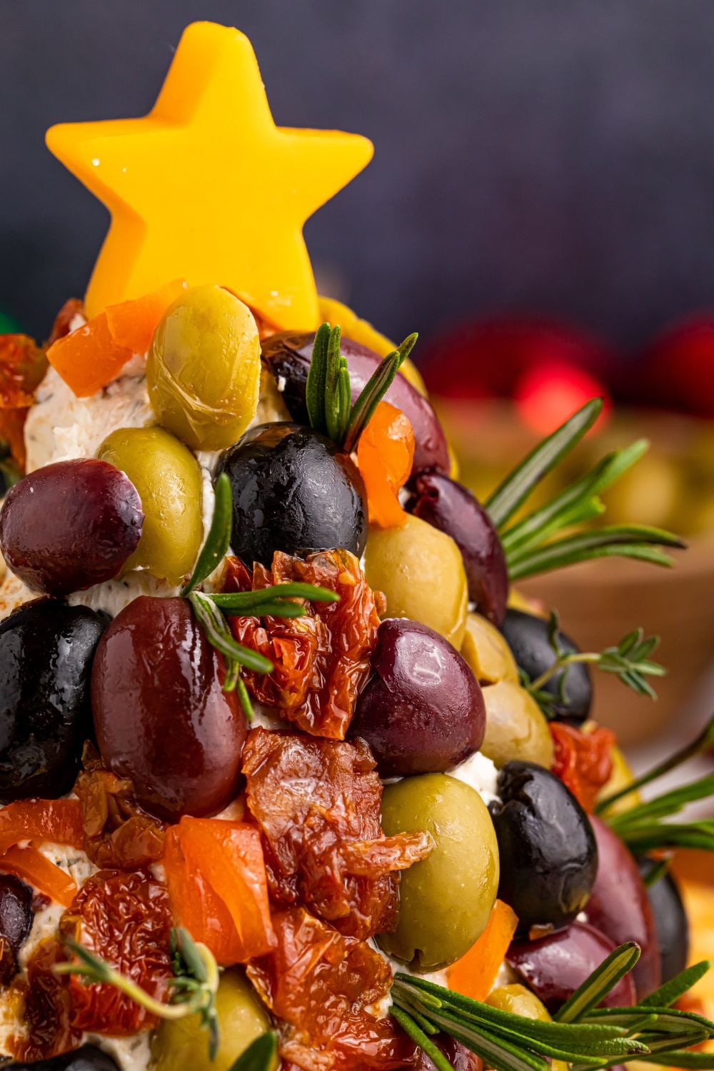 Antipasto Christmas Tree Cheeseball side view close up